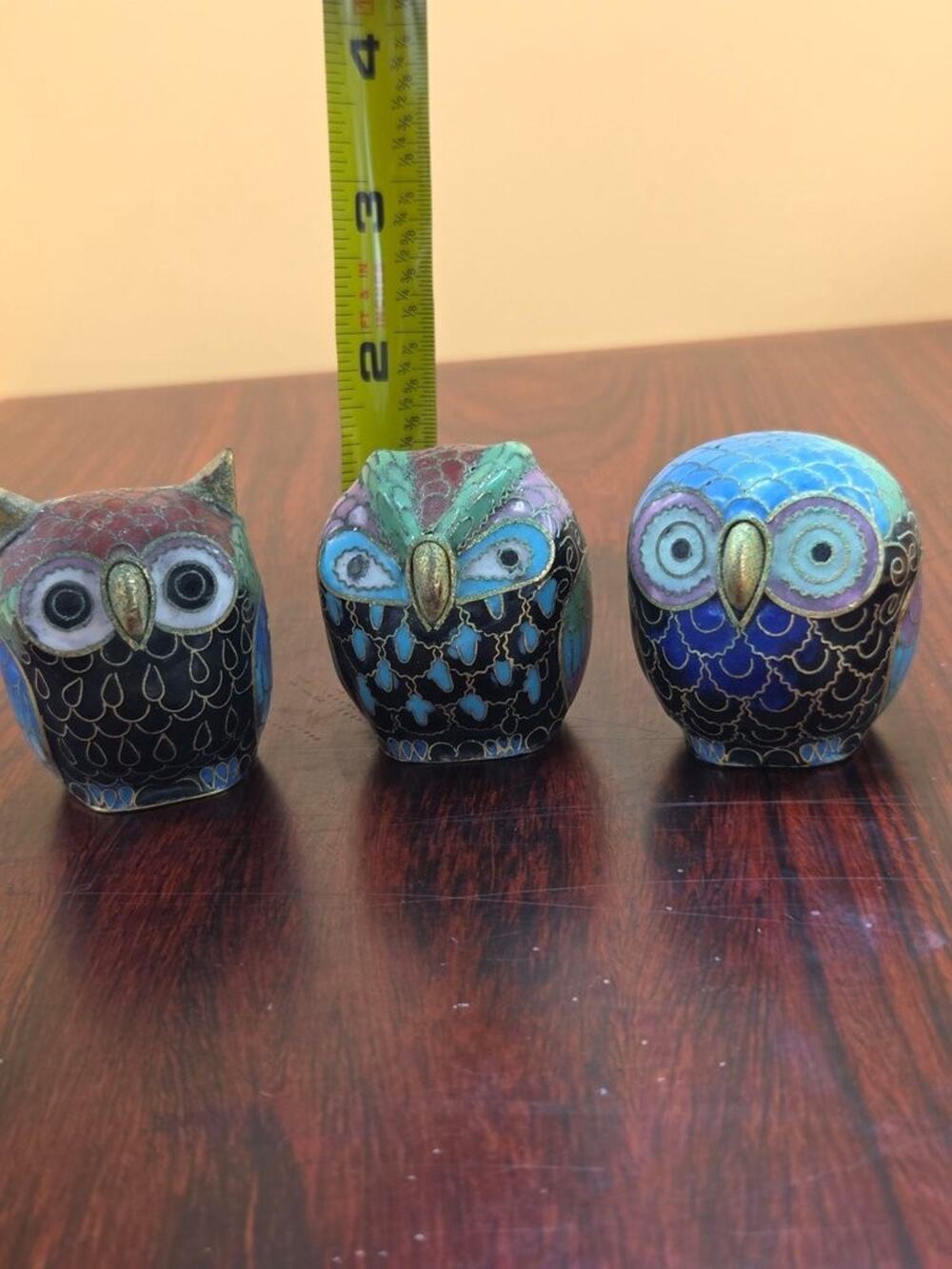 Set of Three Cloisonné Enamel Owl Figurines